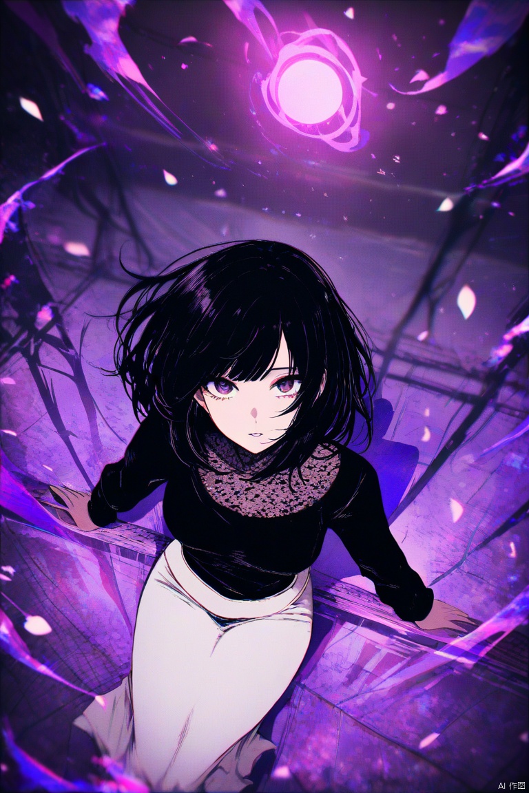 by washiya0, masterpiece, high score, great score, absurdres, 
1girl, solo,black hair,  white skirt, black shirt, magic,dark aura,cherry blossoms, power lines, sitting, arms at side, sprawled,dynamic pose, looking up viewer, (from above:1.2), parted lips, perspective,wind,abstract background,  black background,purple flames
,blurry edges, film grain,close_up,chromatic aberration, 
 