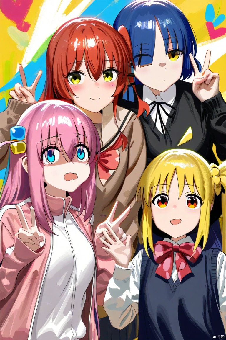 4girls,multiple girls,gotoh hitori,ijichi nijika,kita ikuyo,yamada ryo,bocchi the rock!,ahoge,black shirt,blank eyes,blonde hair,blue eyes,blue hair,brown sweater,collared shirt,cube hair ornament,detached ahoge,empty eyes,green eyes,hair ornament,hairclip,kessoku band,long sleeves,looking at viewer,medium hair,mole,mole under eye,one side up,pink hair,pink track suit,red eyes,red hair,sailor collar,school uniform,serafuku,shirt,shuka high school uniform,side ahoge,side ponytail,sweater,sweater vest,track suit,white shirt,yellow eyes,painterly,impressionism,faux traditional media,v,double v,waving,(liang xing),
