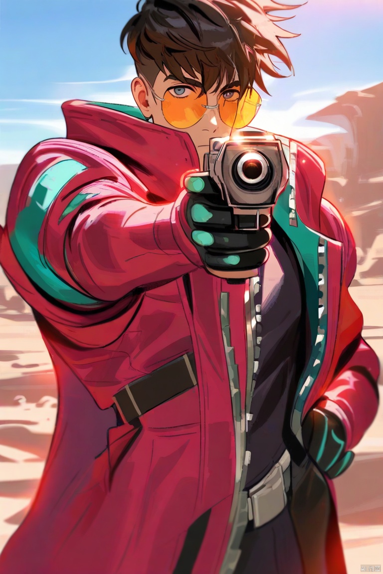 1boy, vash the stampede, trigun stampede, red jacket, sunglasses, gun, hand on own hip, aiming, standing, looking at viewer, upper body, desert, cliff, cowboy shot,（liang xing）