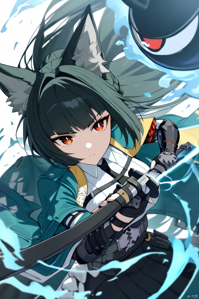 masterpiece, best quality, high score, great score, absurdres, 1girl, hoshimi miyabi, tailless \(zenless zone zero\), zenless zone zero, unsheathing, wolf ears, katana, serious
