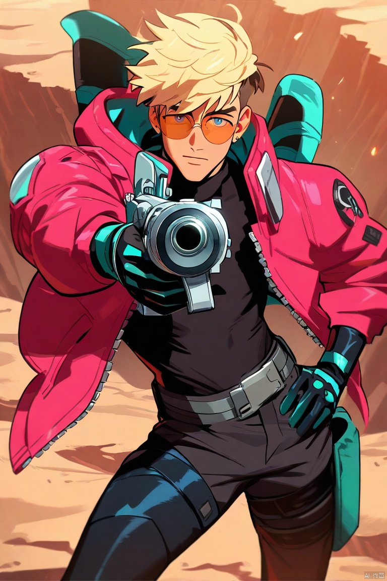 1boy, vash the stampede, trigun stampede, red jacket, sunglasses, gun, hand on own hip, aiming, standing, looking at viewer, upper body, desert, cliff, cowboy shot