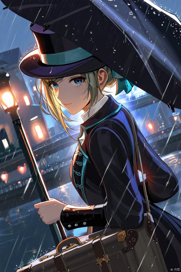 1girl, vertin reverse:1999, black umbrella, headwear, suitcase, looking at viewer, rain, night, city, bridge, from side, dutch angle, upper body,（liang xing）