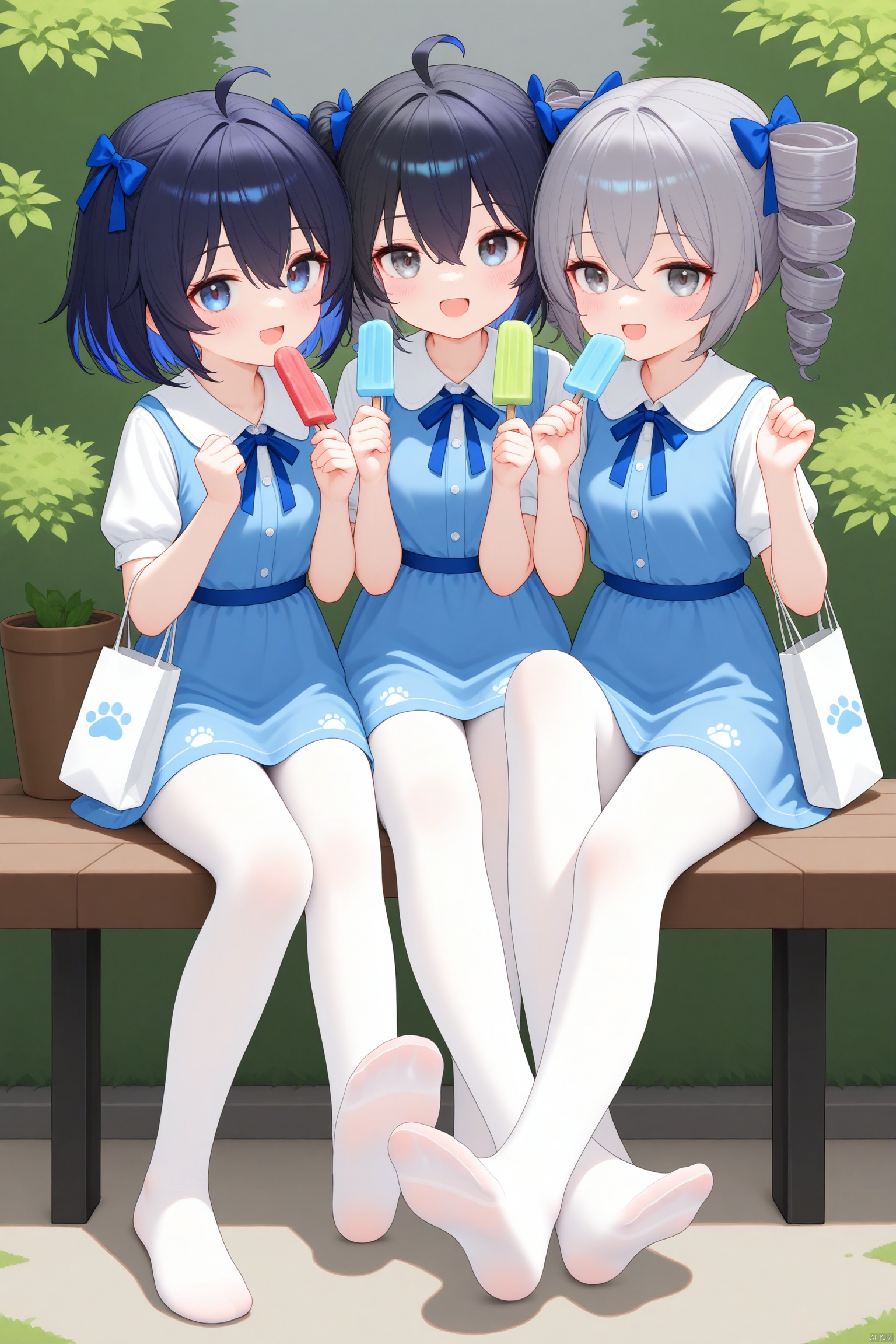 masterpiece,best quality,high quality,looking at viewer, blush, smile, short hair, open mouth, bangs, blue eyes, multiple girls, dress, bow, holding, 2girls, hair between eyes, blue hair, full body, ahoge, short sleeves, :d, hair bow, grey hair, pantyhose, outdoors, food, bag, vest, feet, grey eyes, toes, blue dress, no shoes, drill hair, soles, holding food, twin drills, popsicle, foot focus, holding bag, paw print, shopping bag, bronya zaychik, seele vollerei,cxnice3