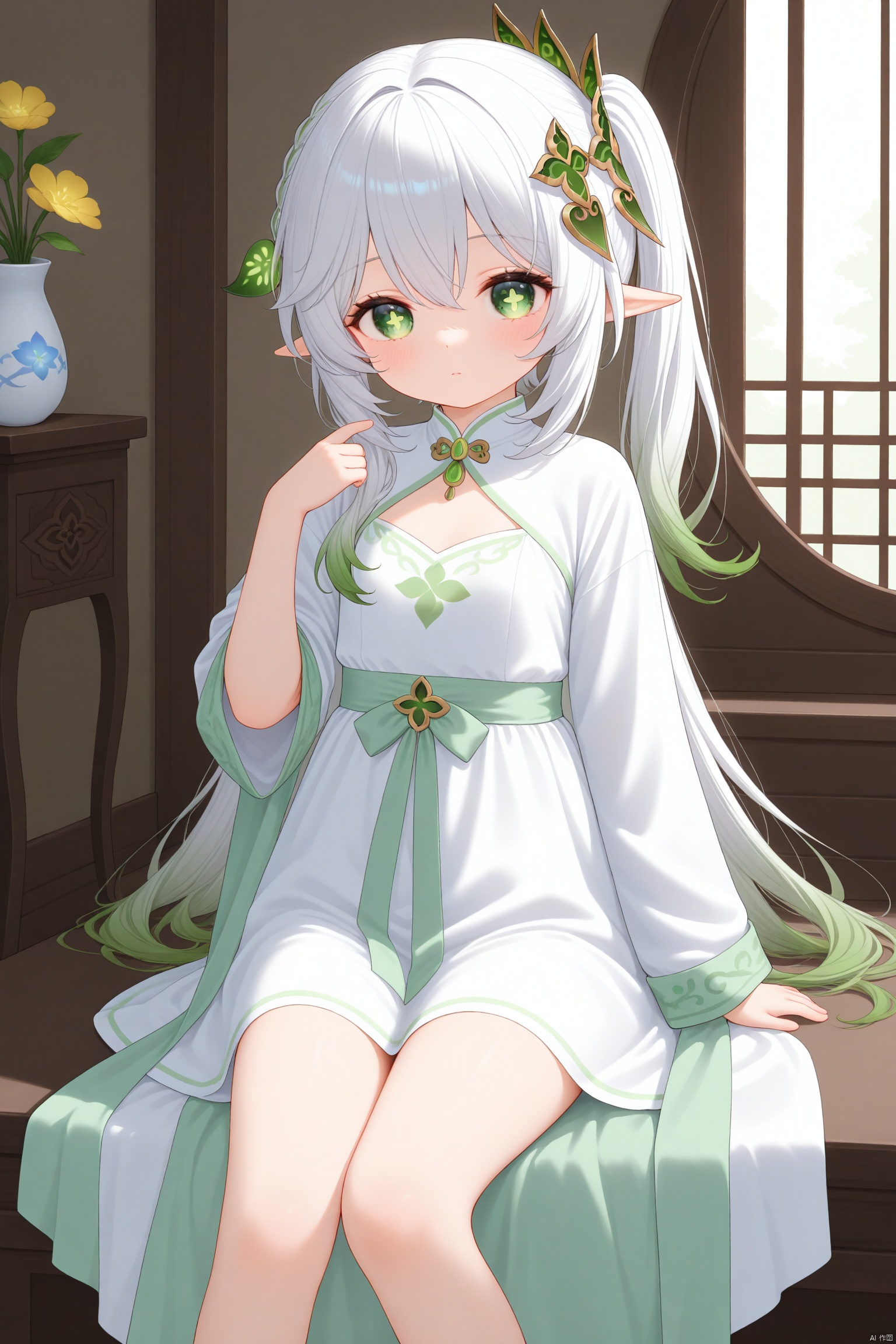 masterpiece,best quality,high quality,petite,loli,1girl, solo, hair ornament, elf girls,pointy_ears, small breast, white hair, green hair, bangs, hair ornament, gradient hair, side tonytail, nahida (genshin impact),cxnice3,dress,hanfu,