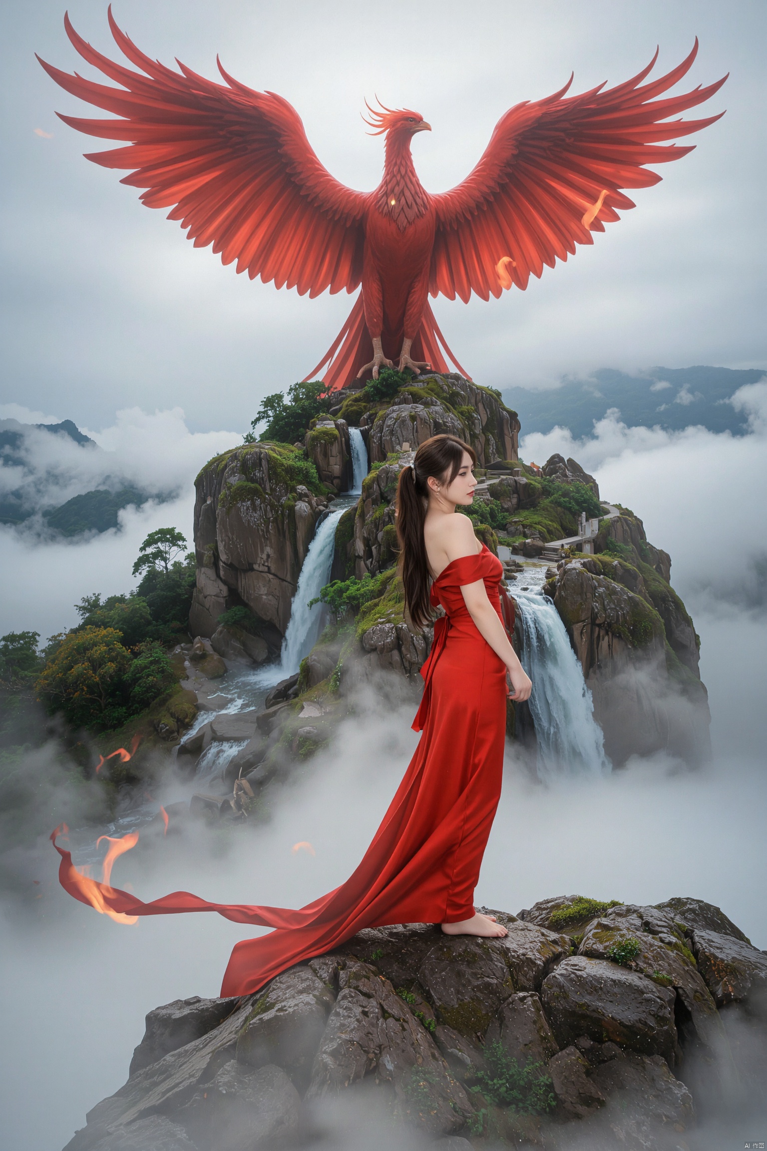 On the top of the mountain that was shrouded in the fog, a woman in a flowing red dress stood sideways. Her beautiful side contour looks more charming in the fans, such as the water of the waterfall gently fluttering with the wind, and the silk shades are smart. Beside her, the figure of the fiery red phoenix was looming, and the wings of the Phoenix fired gently. Every time she waved, she stirred the fog of anime, forming a dreamy vortex. The flames on the Phoenix's body reflected through the fog, reflecting the woman's posture, outlined a mysterious and beautiful picture.