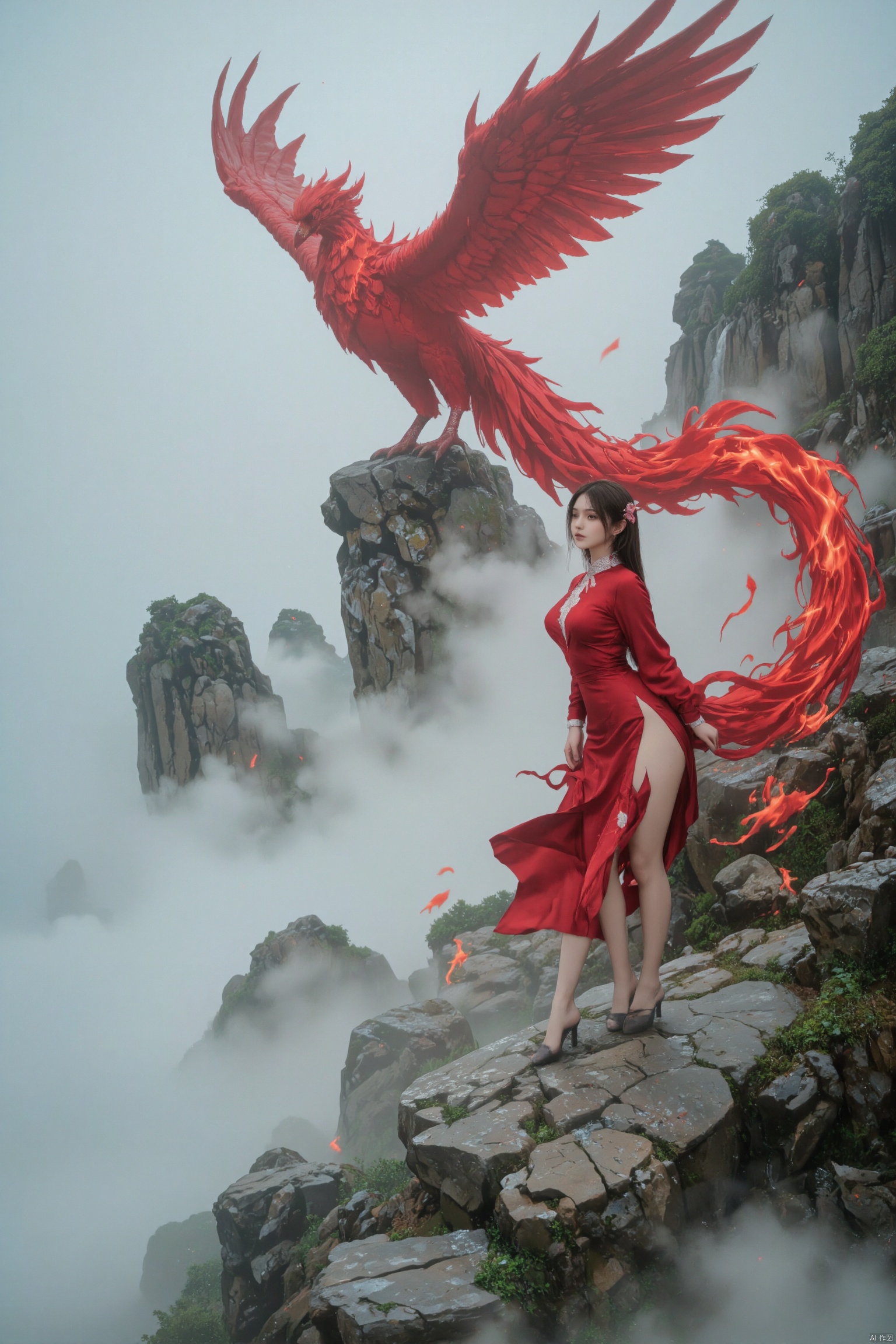 On the top of the mountain that was shrouded in the fog, a woman in a flowing red dress stood sideways. Her beautiful side contour looks more charming in the fans, such as the water of the waterfall gently fluttering with the wind, and the silk shades are smart. Beside her, the figure of the fiery red phoenix was looming, and the wings of the Phoenix fired gently. Every time she waved, she stirred the fog of anime, forming a dreamy vortex. The flames on the Phoenix's body reflected through the fog, reflecting the woman's posture, outlined a mysterious and beautiful picture.,BO-AN1ME,