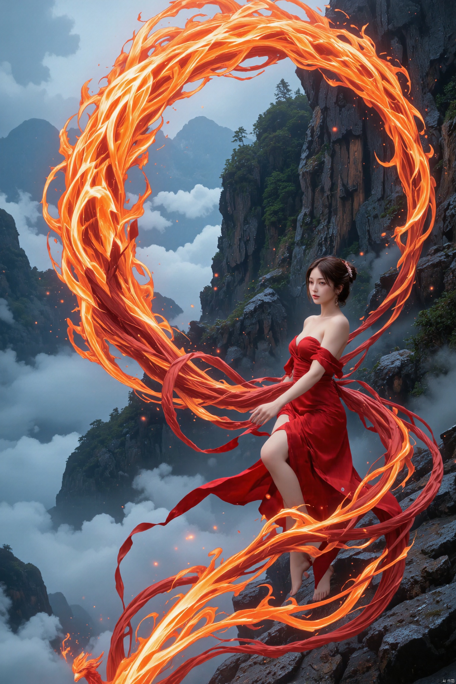 On the top of the mountain that was shrouded in the fog, a woman in a flowing red dress stood sideways. Her beautiful side contour looks more charming in the fans, such as the water of the waterfall gently fluttering with the wind, and the silk shades are smart. Beside her, the figure of the fiery red phoenix was looming, and the wings of the Phoenix fired gently. Every time she waved, she stirred the fog of anime, forming a dreamy vortex. The flames on the Phoenix's body reflected through the fog, reflecting the woman's posture, outlined a mysterious and beautiful picture.,BO-AN1ME,,ILLUSTRATION_ERA,,FBF,Fireball, fire flame