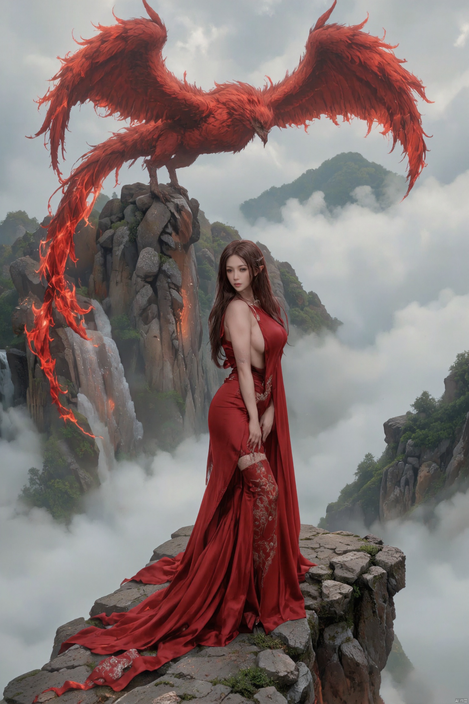 On the top of the mountain that was shrouded in the fog, a woman in a flowing red dress stood sideways. Her beautiful side contour looks more charming in the fans, such as the water of the waterfall gently fluttering with the wind, and the silk shades are smart. Beside her, the figure of the fiery red phoenix was looming, and the wings of the Phoenix fired gently. Every time she waved, she stirred the fog of anime, forming a dreamy vortex. The flames on the Phoenix's body reflected through the fog, reflecting the woman's posture, outlined a mysterious and beautiful picture.,A realistic buxom athletic elven women.,sexy body.,BO-AN1ME,