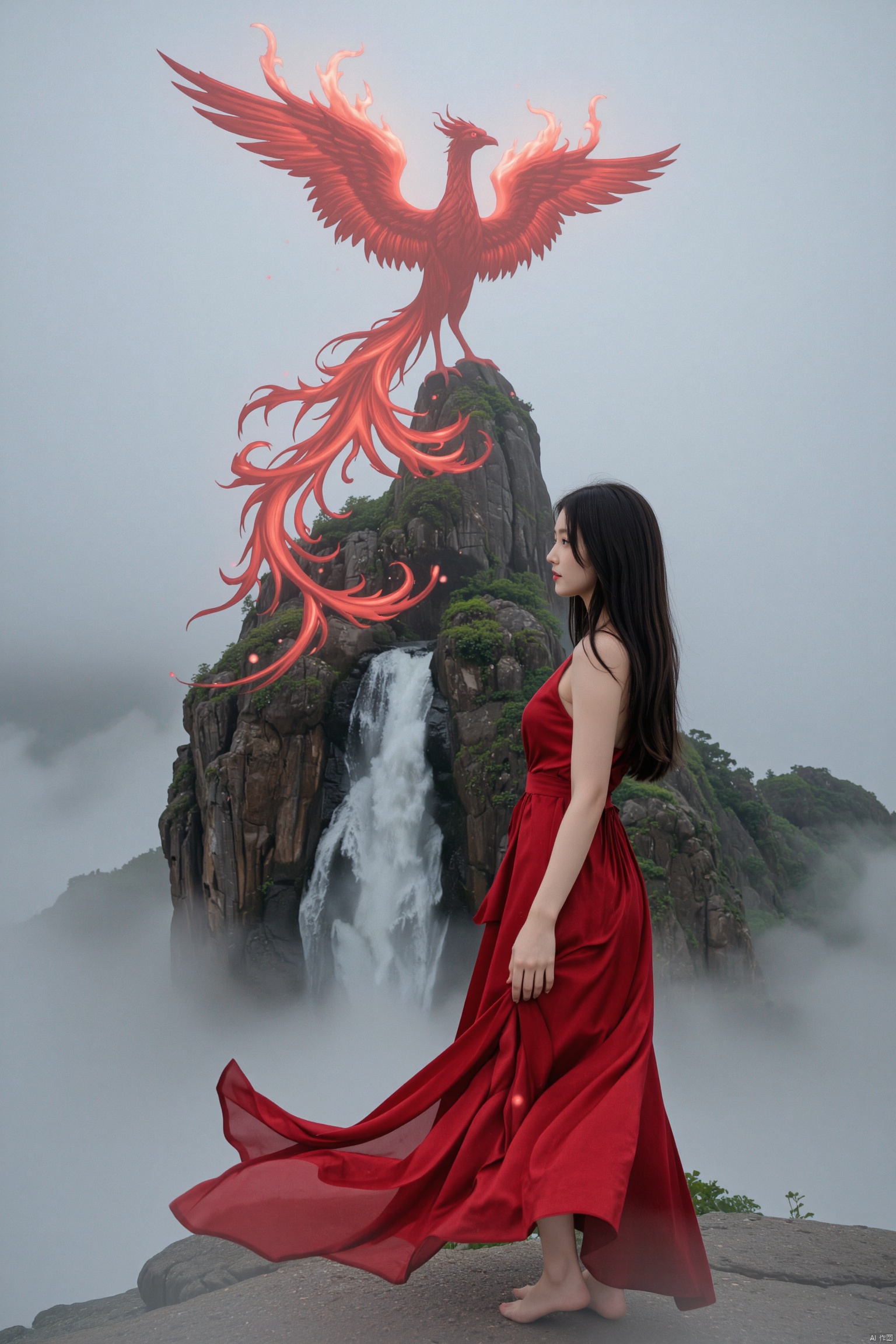 On the top of the mountain that was shrouded in the fog, a woman in a flowing red dress stood sideways. Her beautiful side contour looks more charming in the fans, such as the water of the waterfall gently fluttering with the wind, and the silk shades are smart. Beside her, the figure of the fiery red phoenix was looming, and the wings of the Phoenix fired gently. Every time she waved, she stirred the fog of anime, forming a dreamy vortex. The flames on the Phoenix's body reflected through the fog, reflecting the woman's posture, outlined a mysterious and beautiful picture.