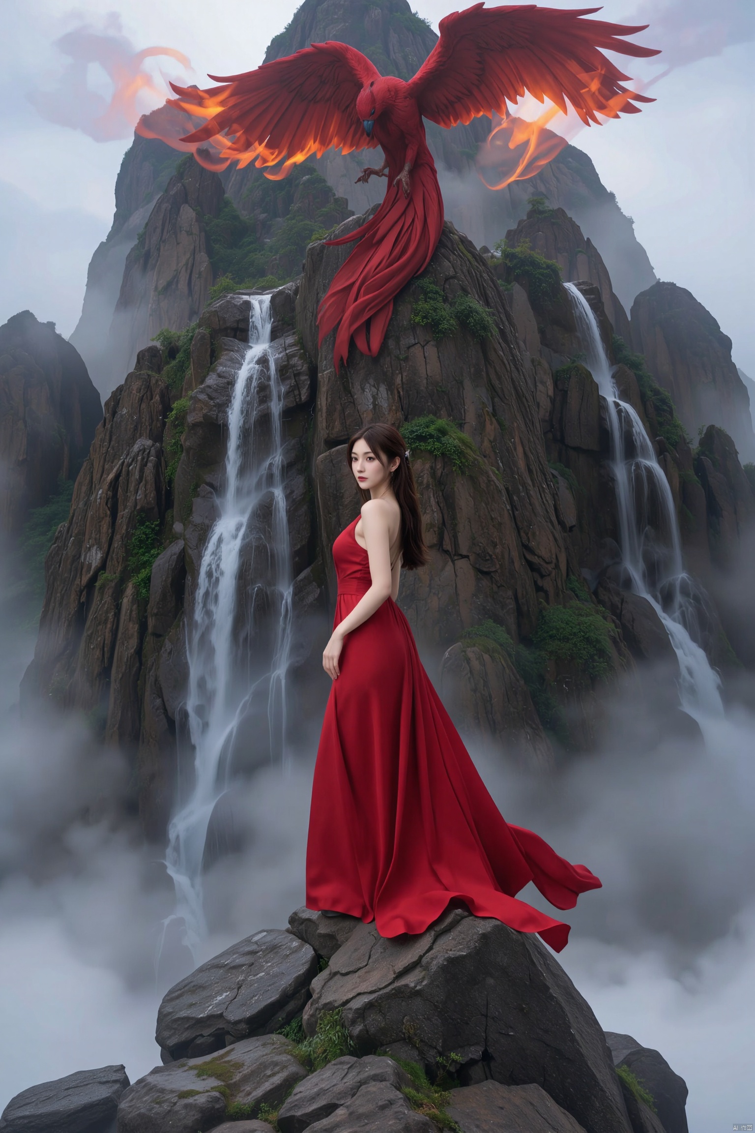 On the top of the mountain that was shrouded in the fog, a woman in a flowing red dress stood sideways. Her beautiful side contour looks more charming in the fans, such as the water of the waterfall gently fluttering with the wind, and the silk shades are smart. Beside her, the figure of the fiery red phoenix was looming, and the wings of the Phoenix fired gently. Every time she waved, she stirred the fog of anime, forming a dreamy vortex. The flames on the Phoenix's body reflected through the fog, reflecting the woman's posture, outlined a mysterious and beautiful picture.