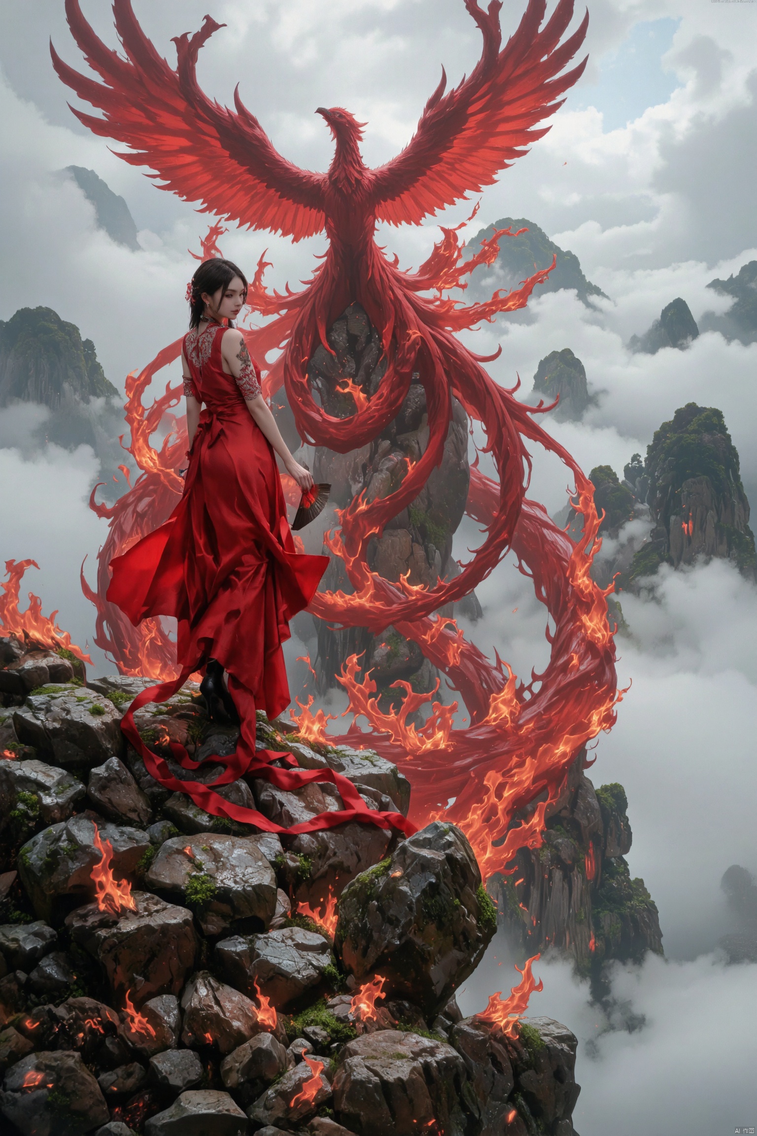 On the top of the mountain that was shrouded in the fog, a woman in a flowing red dress stood sideways. Her beautiful side contour looks more charming in the fans, such as the water of the waterfall gently fluttering with the wind, and the silk shades are smart. Beside her, the figure of the fiery red phoenix was looming, and the wings of the Phoenix fired gently. Every time she waved, she stirred the fog of anime, forming a dreamy vortex. The flames on the Phoenix's body reflected through the fog, reflecting the woman's posture, outlined a mysterious and beautiful picture.,BO-AN1ME,