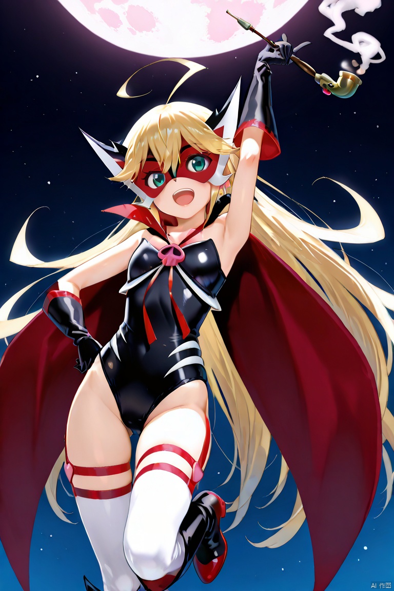 masterpiece, best quality, high quality, leopard \(Yatterman Night\), 1girl, solo, long hair, smile, open mouth, blue eyes, blonde hair, thighhighs, gloves, very long hair, green eyes, ahoge, :d, boots, black gloves, cape, arm up, leotard, hand on hip, mask, smoking pipe,