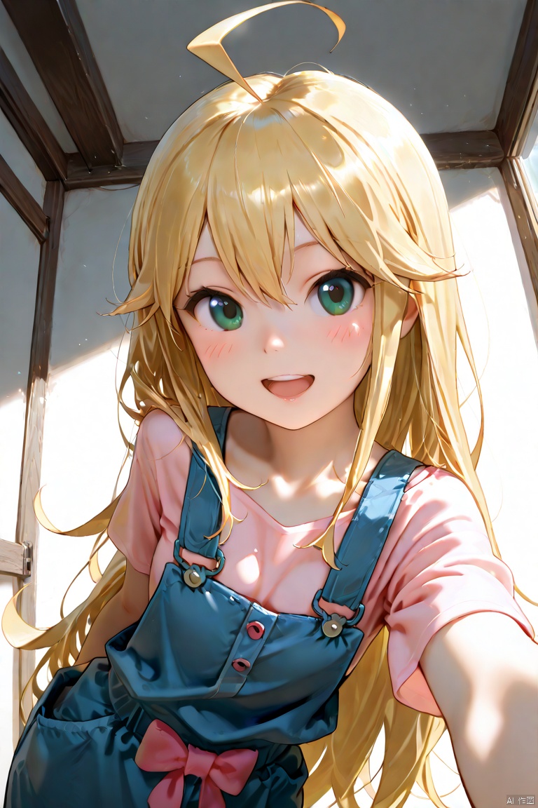 masterpiece, best quality, high quality, leopard \(Yatterman Night\), 1girl, solo, long hair, looking at viewer, blush, smile, open mouth, blonde hair, shirt, very long hair, green eyes, ahoge, overalls, hoshii miki,