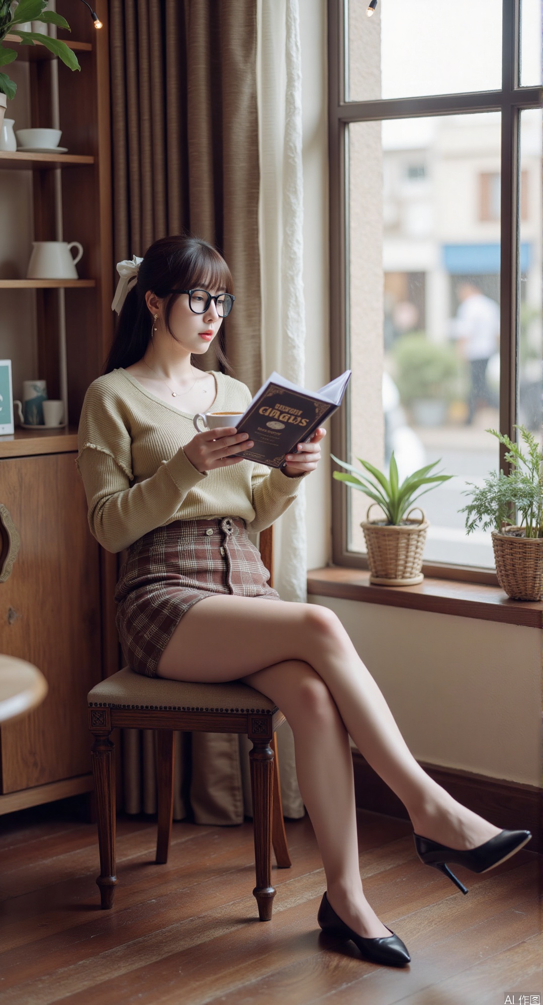 1girl, solo, sitting on a vintage wooden stool in a cozy café corner, legs crossed, wearing a knitted beige sweater and high-waisted plaid skirt, sipping a latte with foam art, holding an open paperback book titled "The Night Circus", steam rising from the cup, surrounded by potted plants and hanging string lights, wooden shelves with mismatched mugs, sunlight streaming through lace curtains, other patrons chatting softly in the background, masterpiece, best quality, high quality, overexposure, chromatic_aberration, light, fair_skin, very aesthetic, absurdres, masterpiece, amazing quality, (aestivation:0.4), (nasii:0.4), (toosaka asagi:0.4), (atdan:0.4), (artist:quasarcake:0.8), (iumu:0.72), (wlop:0.72), 96YOTTEA, Konya Karasue, //, depth of field, detailed light, blurry background, best shadow, shiny skin, cinematic lighting, ray tracing, amazing quality, very aesthetic, absurdres, best quality, ultra detailed, newest, 8K, HDR