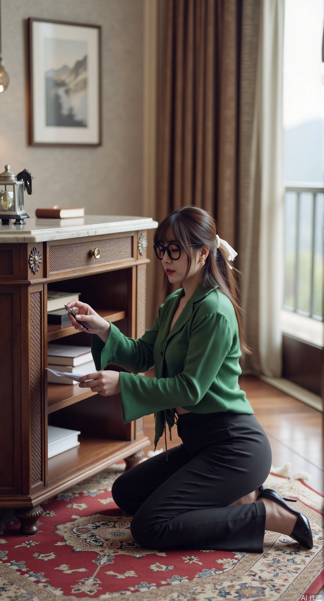 1girl, solo, kneeling on a Persian rug in a minimalist study, organizing leather-bound journals into a brass-trimmed bookshelf, wearing a silk emerald-green blouse and tailored black trousers, strands of chestnut hair falling forward, holding a fountain pen mid-air, a marble desk with a vintage inkwell and wax seal set, floor-to-ceiling windows framing a misty mountain view, abstract wall art in muted tones, a geometric floor lamp casting warm shadows, subtle dust motes in the sunlight, masterpiece, best quality, high quality, overexposure, chromatic_aberration, light, fair_skin, very aesthetic, absurdres, masterpiece, amazing quality, (aestivation:0.4), (nasii:0.4), (toosaka asagi:0.4), (atdan:0.4), (artist:quasarcake:0.8), (iumu:0.72), (wlop:0.72), 96YOTTEA, Konya Karasue, //, depth of field, detailed light, blurry background, best shadow, shiny skin, cinematic lighting, ray tracing, amazing quality, very aesthetic, absurdres, best quality, ultra detailed, newest, 8K, HDR