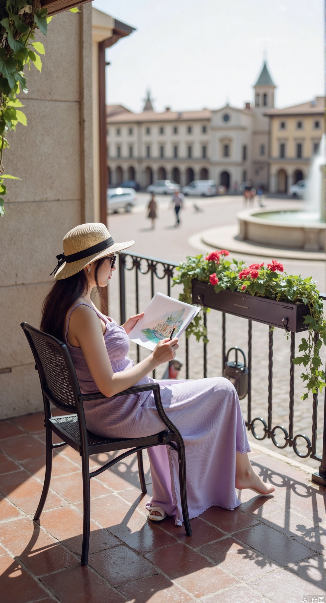 1girl, solo, reclining on a wrought-iron balcony chair overlooking a cobblestone piazza, wearing a flowing lavender sundress with lace trim, sunhat tilted to shield her face, sketching a watercolor of a Renaissance fountain, an easel set up beside her, tubes of paint and a mason jar of brushes, potted geraniums cascading over the balcony edge, distant church bells echoing, pigeons fluttering around a marble statue, shadows stretching long in the golden hour light, masterpiece, best quality, high quality, overexposure, chromatic_aberration, light, fair_skin, very aesthetic, absurdres, masterpiece, amazing quality, (aestivation:0.4), (nasii:0.4), (toosaka asagi:0.4), (atdan:0.4), (artist:quasarcake:0.8), (iumu:0.72), (wlop:0.72), 96YOTTEA, Konya Karasue, //, depth of field, detailed light, blurry background, best shadow, shiny skin, cinematic lighting, ray tracing, amazing quality, very aesthetic, absurdres, best quality, ultra detailed, newest, 8K, HDR