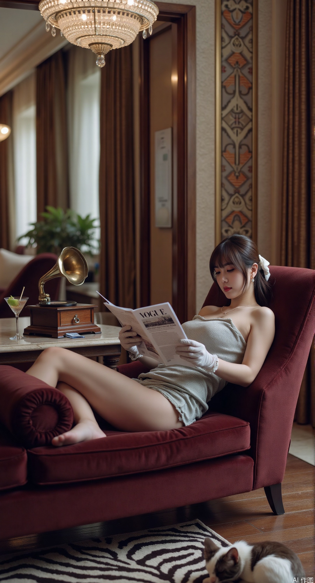 1girl, solo, lying on a velvet chaise longue in an opulent art deco apartment, wearing a sequined silver dress and opera gloves, flipping through a fashion magazine titled "Vogue 1930s", a cigarette holder dangling from her lips, a crystal chandelier casting prismatic reflections, walls lined with gilded mirrors and geometric murals, a gramophone playing jazz in the background, a martini glass with an olive on a marble side table, city lights visible through floor-to-ceiling windows, a Persian cat sleeping on a zebra-print rug, masterpiece, best quality, high quality, overexposure, chromatic_aberration, light, fair_skin, very aesthetic, absurdres, masterpiece, amazing quality, (aestivation:0.4), (nasii:0.4), (toosaka asagi:0.4), (atdan:0.4), (artist:quasarcake:0.8), (iumu:0.72), (wlop:0.72), 96YOTTEA, Konya Karasue, //, depth of field, detailed light, blurry background, best shadow, shiny skin, cinematic lighting, ray tracing, amazing quality, very aesthetic, absurdres, best quality, ultra detailed, newest, 8K, HDR