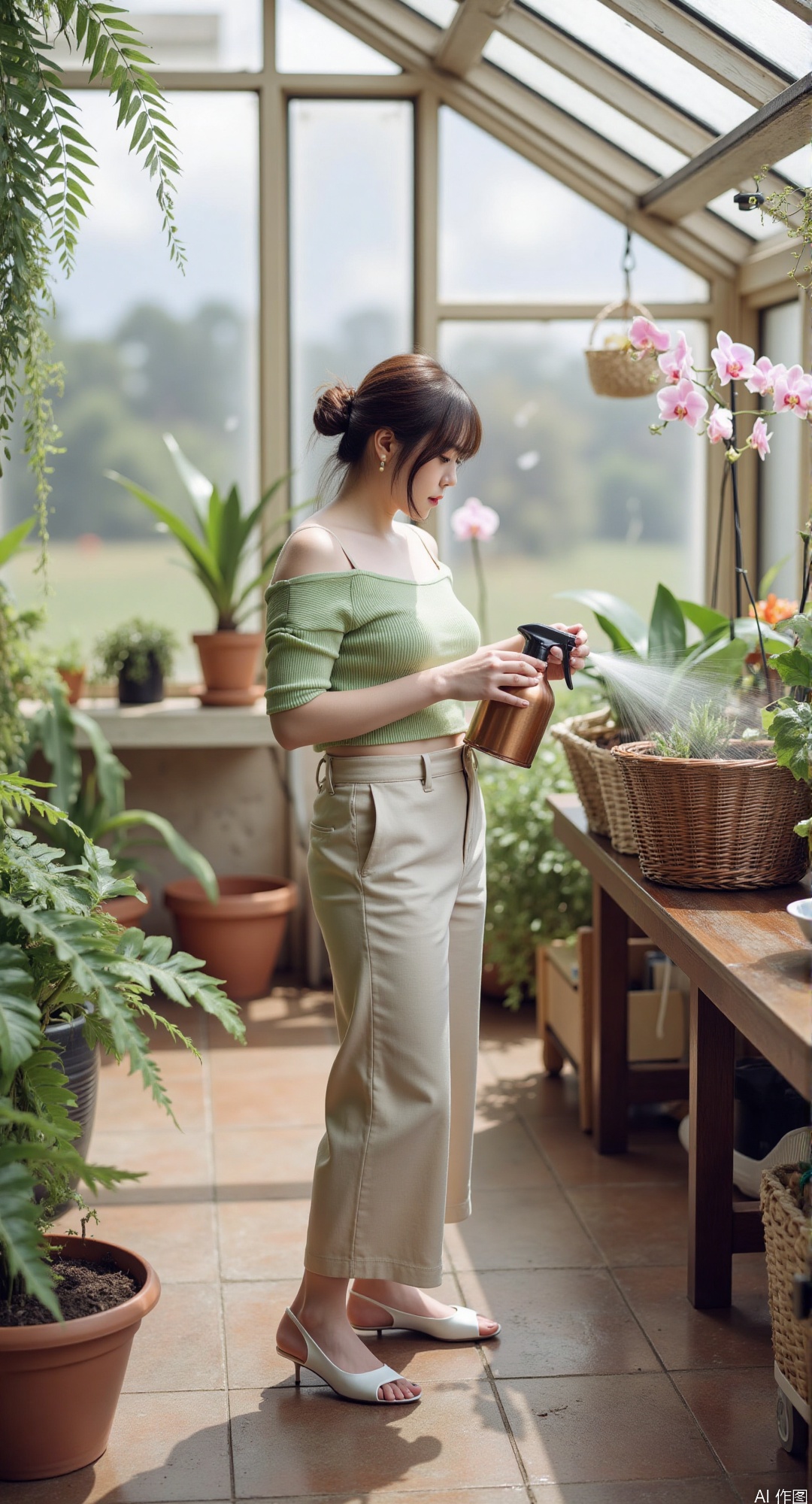 1girl, solo, standing in a greenhouse filled with exotic orchids, wearing a cropped linen blouse and wide-leg trousers, misting plants with a copper spray bottle, her brunette hair gathered in a messy bun, a wicker basket of seedlings at her feet, sunlight refracting through glass panes onto hanging ferns, terracotta pots stacked in the corner, a stone pathway winding toward a koi pond, distant thunderclouds 暗示rain approaching, masterpiece, best quality, high quality, overexposure, chromatic_aberration, light, fair_skin, very aesthetic, absurdres, masterpiece, amazing quality, (aestivation:0.4), (nasii:0.4), (toosaka asagi:0.4), (atdan:0.4), (artist:quasarcake:0.8), (iumu:0.72), (wlop:0.72), 96YOTTEA, Konya Karasue, //, depth of field, detailed light, blurry background, best shadow, shiny skin, cinematic lighting, ray tracing, amazing quality, very aesthetic, absurdres, best quality, ultra detailed, newest, 8K, HDR