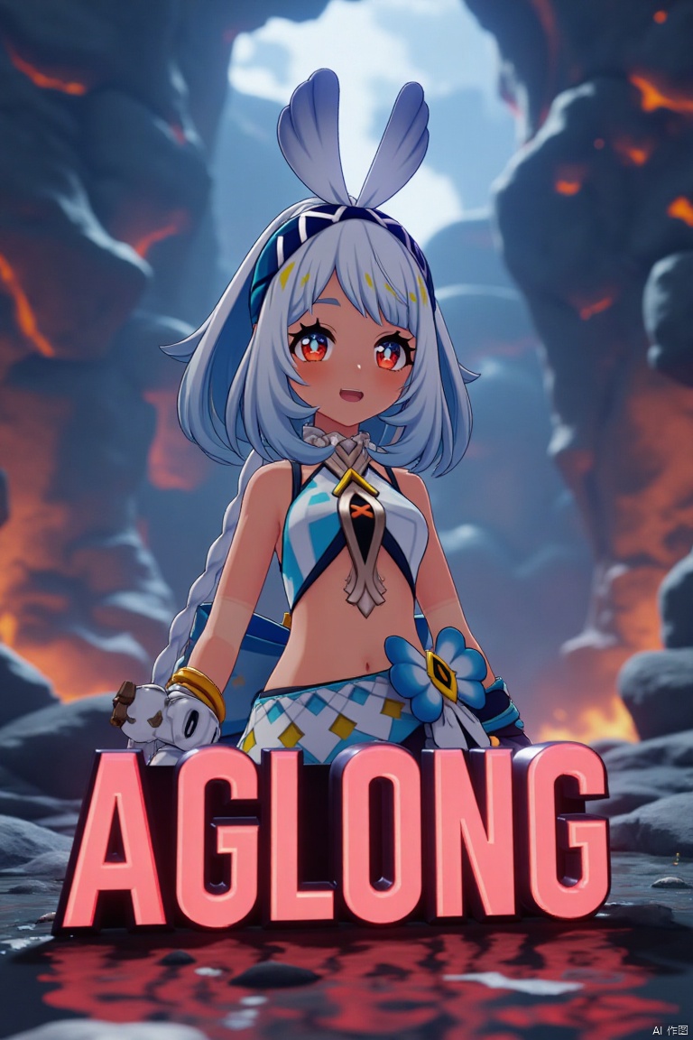 A chibi-style dark-skinned female with long white hair in a ponytail stands solo, smiling with an open mouth. She wears a skirt and gloves, and her navel is visible. Her red eyes add to the expressive look. The cinematic lighting creates high contrast and sharp focus, enhancing the dramatic atmosphere. The composition is dynamic, with a detailed background fitting the poster theme. Three-dimensional text AGlong is prominently displayed in the middle below.
