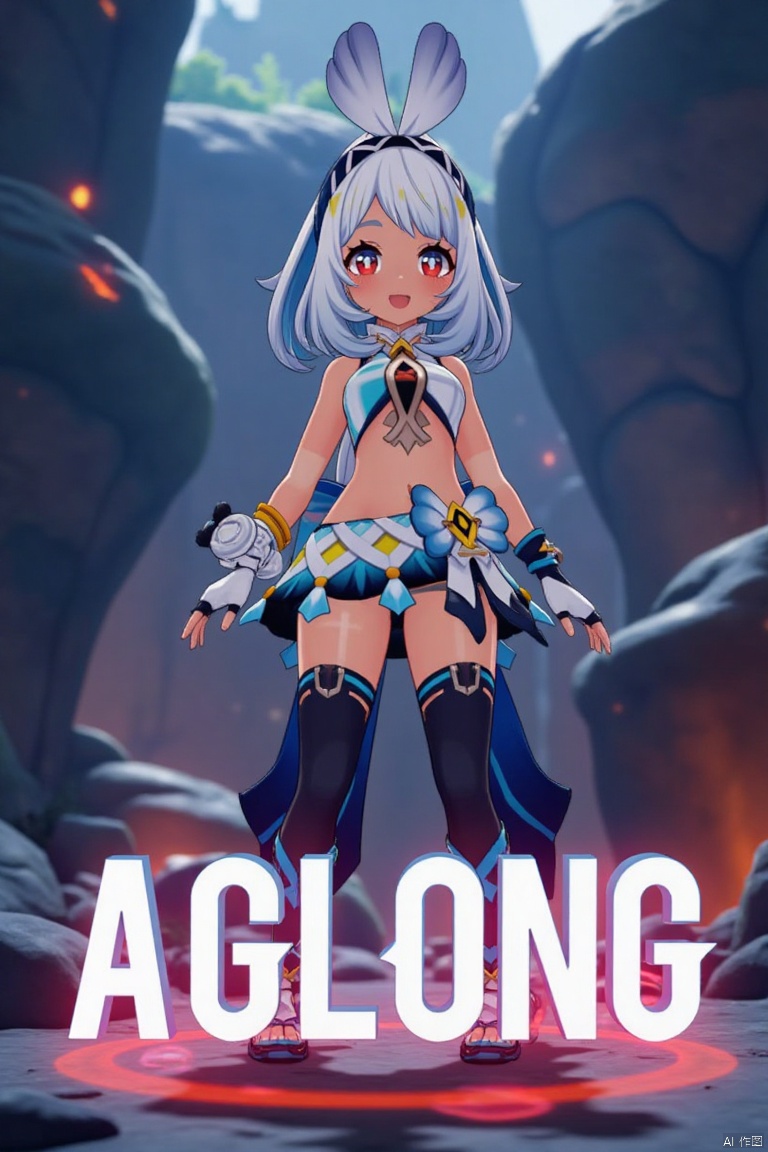 A chibi-style dark-skinned female with long white hair in a ponytail stands solo, smiling with an open mouth. She wears a skirt and gloves, and her navel is visible. Her red eyes add to the expressive look. The cinematic lighting creates high contrast and sharp focus, enhancing the dramatic atmosphere. The composition is dynamic, with a detailed background fitting the poster theme. Three-dimensional text AGlong is prominently displayed in the middle below.