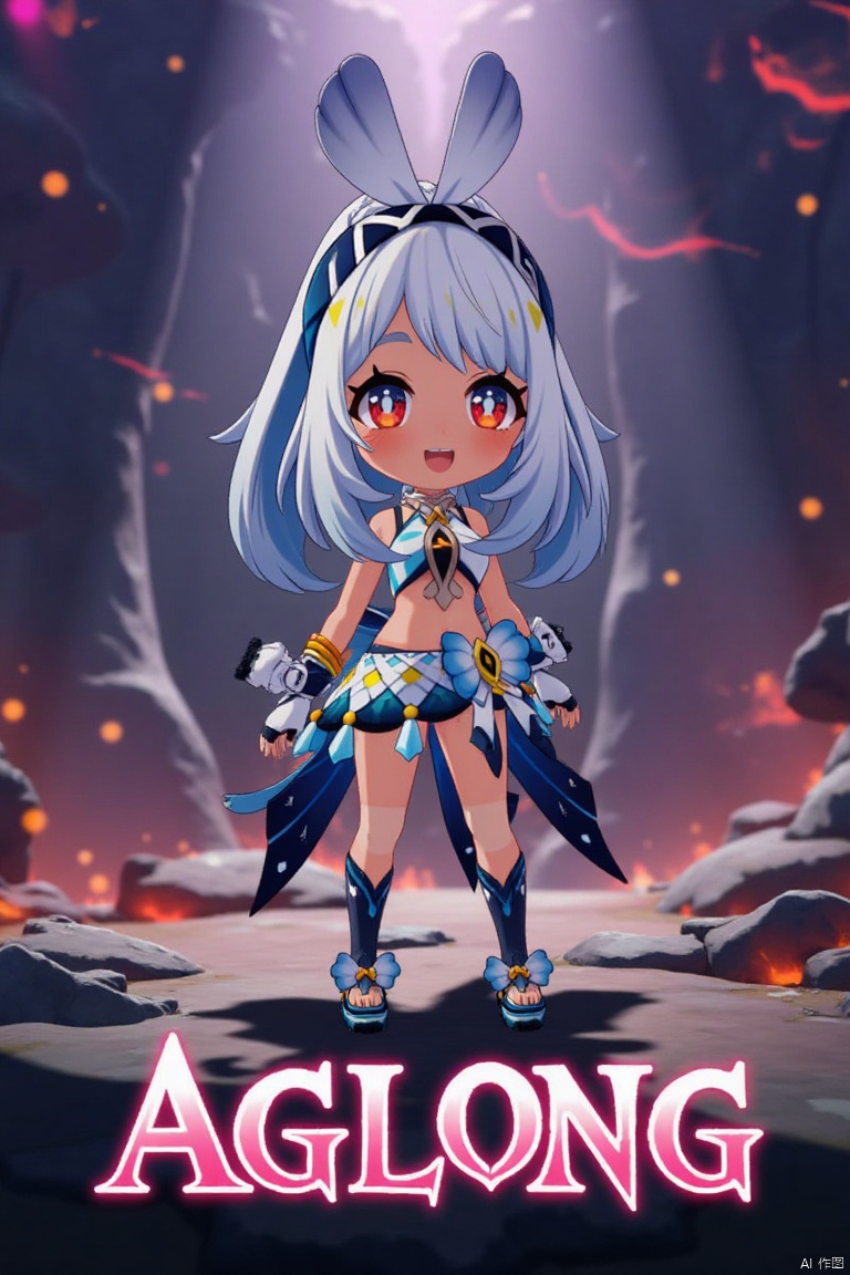 A chibi-style dark-skinned female with long white hair in a ponytail stands solo, smiling with an open mouth. She wears a skirt and gloves, and her navel is visible. Her red eyes add to the expressive look. The cinematic lighting creates high contrast and sharp focus, enhancing the dramatic atmosphere. The composition is dynamic, with a detailed background fitting the poster theme. Three-dimensional text AGlong is prominently displayed in the middle below.