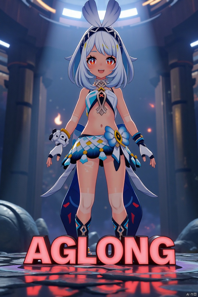 A chibi-style dark-skinned female with long white hair in a ponytail stands solo, smiling with an open mouth. She wears a skirt and gloves, and her navel is visible. Her red eyes add to the expressive look. The cinematic lighting creates high contrast and sharp focus, enhancing the dramatic atmosphere. The composition is dynamic, with a detailed background fitting the poster theme. Three-dimensional text AGlong is prominently displayed in the middle below.