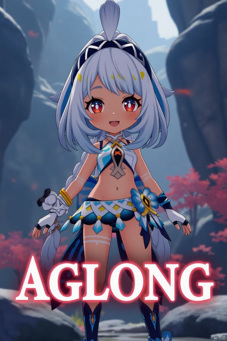 A chibi-style dark-skinned female with long white hair in a ponytail stands solo, smiling with an open mouth. She wears a skirt and gloves, and her navel is visible. Her red eyes add to the expressive look. The cinematic lighting creates high contrast and sharp focus, enhancing the dramatic atmosphere. The composition is dynamic, with a detailed background fitting the poster theme. Three-dimensional text AGlong is prominently displayed in the middle below.