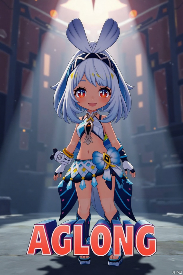 A chibi-style dark-skinned female with long white hair in a ponytail stands solo, smiling with an open mouth. She wears a skirt and gloves, and her navel is visible. Her red eyes add to the expressive look. The cinematic lighting creates high contrast and sharp focus, enhancing the dramatic atmosphere. The composition is dynamic, with a detailed background fitting the poster theme. Three-dimensional text AGlong is prominently displayed in the middle below.