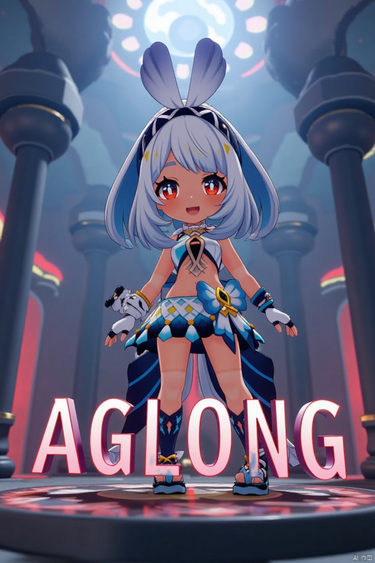 A chibi-style dark-skinned female with long white hair in a ponytail stands solo, smiling with an open mouth. She wears a skirt and gloves, and her navel is visible. Her red eyes add to the expressive look. The cinematic lighting creates high contrast and sharp focus, enhancing the dramatic atmosphere. The composition is dynamic, with a detailed background fitting the poster theme. Three-dimensional text AGlong is prominently displayed in the middle below.