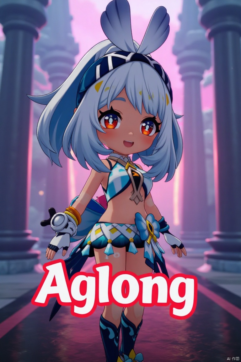 A chibi-style dark-skinned female with long white hair in a ponytail stands solo, smiling with an open mouth. She wears a skirt and gloves, and her navel is visible. Her red eyes add to the expressive look. The cinematic lighting creates high contrast and sharp focus, enhancing the dramatic atmosphere. The composition is dynamic, with a detailed background fitting the poster theme. Three-dimensional text AGlong is prominently displayed in the middle below.