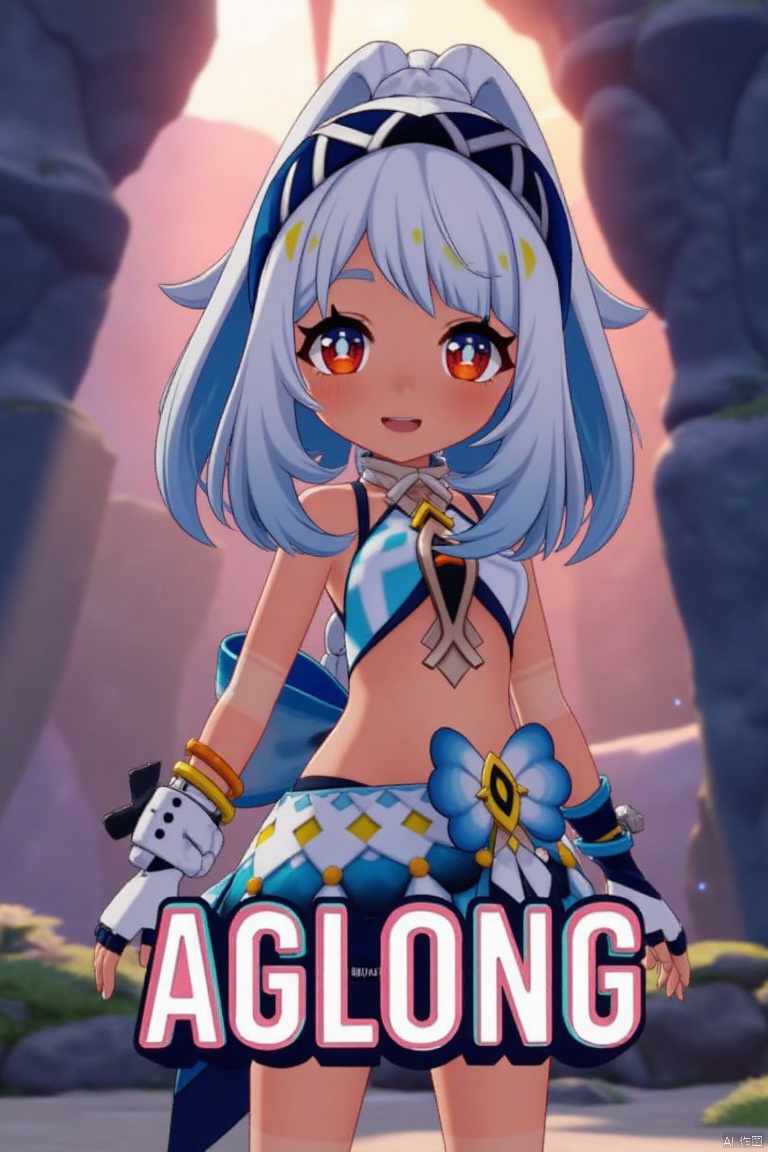 A chibi-style dark-skinned female with long white hair in a ponytail stands solo, smiling with an open mouth. She wears a skirt and gloves, and her navel is visible. Her red eyes add to the expressive look. The cinematic lighting creates high contrast and sharp focus, enhancing the dramatic atmosphere. The composition is dynamic, with a detailed background fitting the poster theme. Three-dimensional text AGlong is prominently displayed in the middle below.
