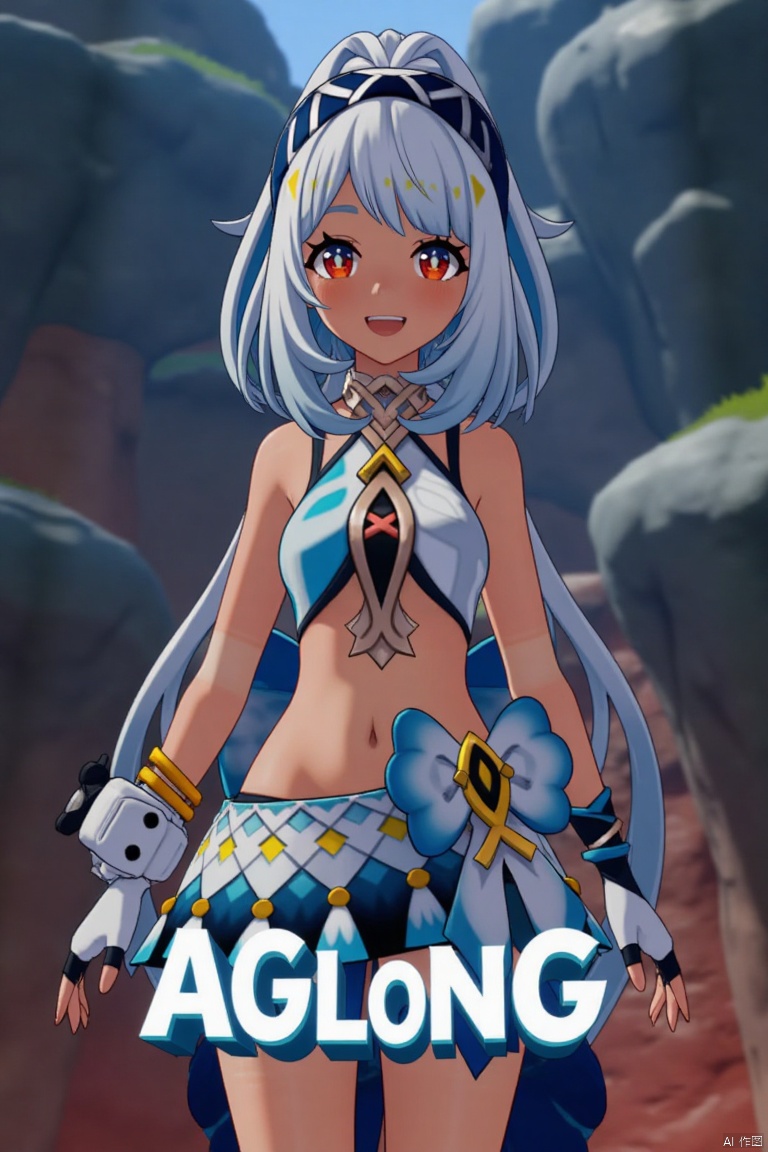 A dark-skinned female with long white hair in a ponytail stands solo, smiling with an open mouth. She wears a skirt and gloves, and her navel is visible. Her red eyes add to the expressive look. The cinematic lighting creates high contrast and sharp focus, enhancing the dramatic atmosphere. The composition is dynamic, with a detailed background fitting the poster theme. Three-dimensional text AGlong is prominently displayed in the middle below.
