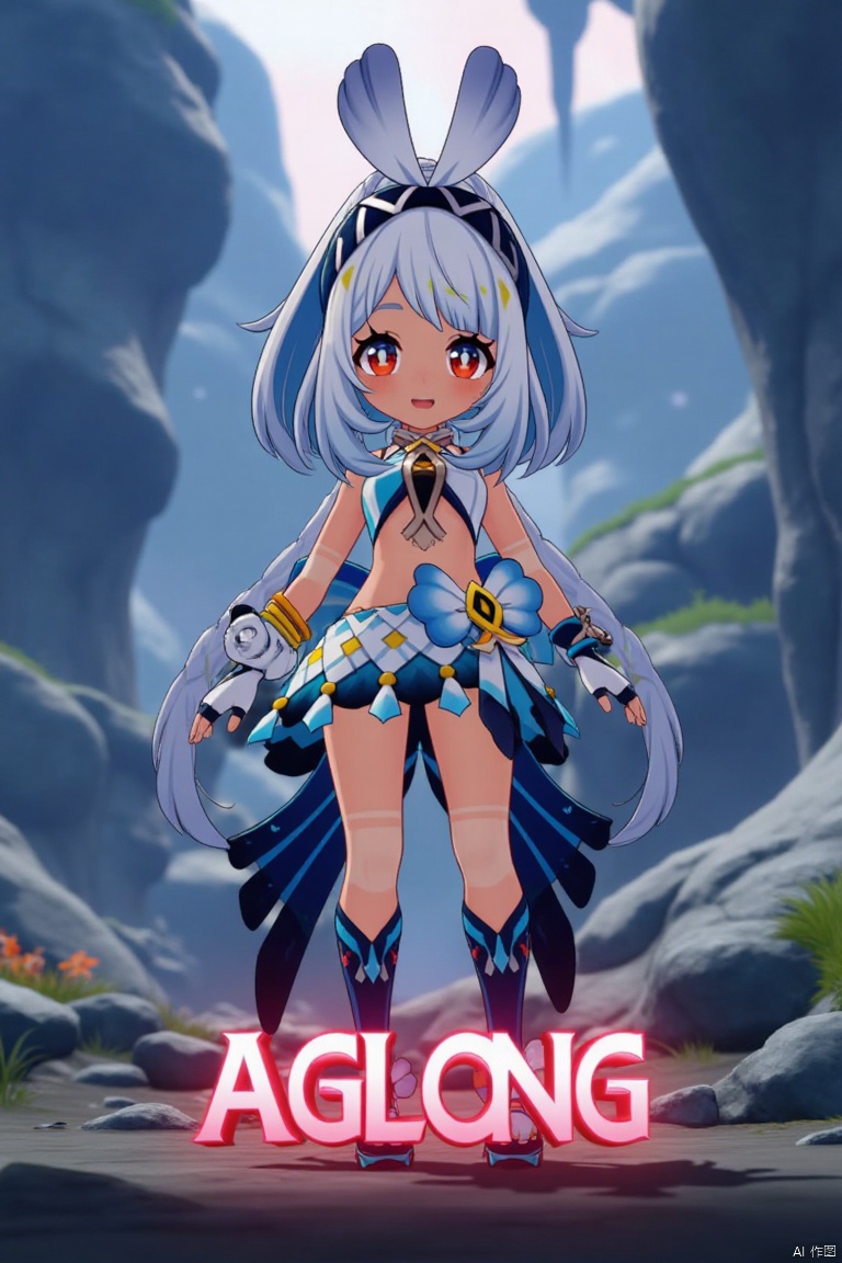 A chibi-style dark-skinned female with long white hair in a ponytail stands solo, smiling with an open mouth. She wears a skirt and gloves, and her navel is visible. Her red eyes add to the expressive look. The cinematic lighting creates high contrast and sharp focus, enhancing the dramatic atmosphere. The composition is dynamic, with a detailed background fitting the poster theme. Three-dimensional text AGlong is prominently displayed in the middle below.