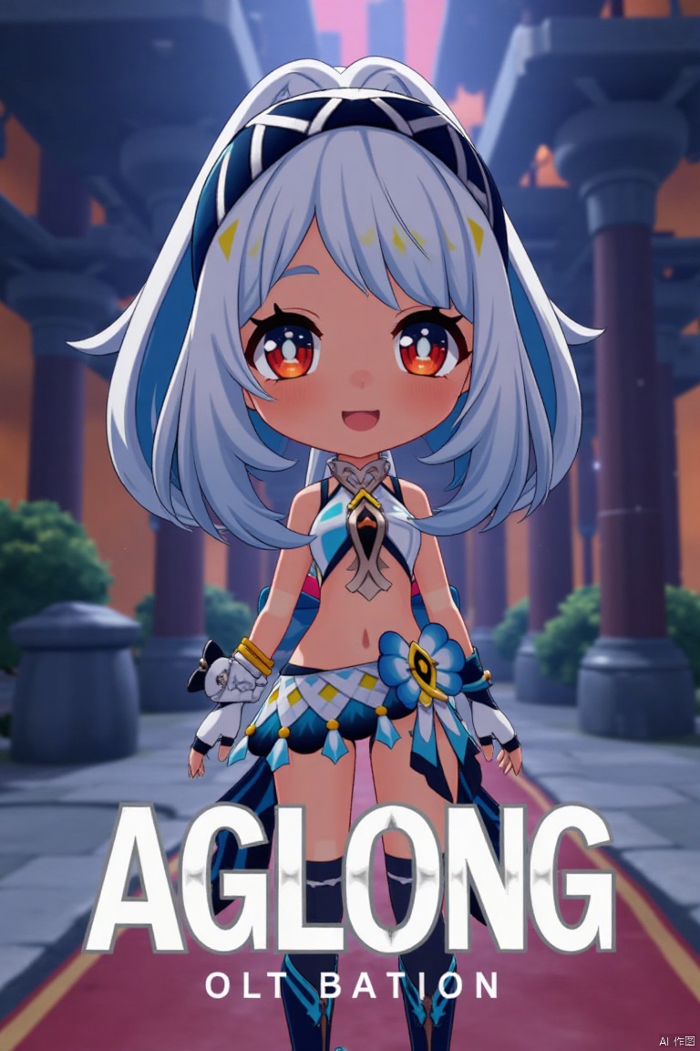 A chibi-style dark-skinned female with long white hair in a ponytail stands solo, smiling with an open mouth. She wears a skirt and gloves, and her navel is visible. Her red eyes add to the expressive look. The cinematic lighting creates high contrast and sharp focus, enhancing the dramatic atmosphere. The composition is dynamic, with a detailed background fitting the poster theme. Three-dimensional text AGlong is prominently displayed in the middle below.