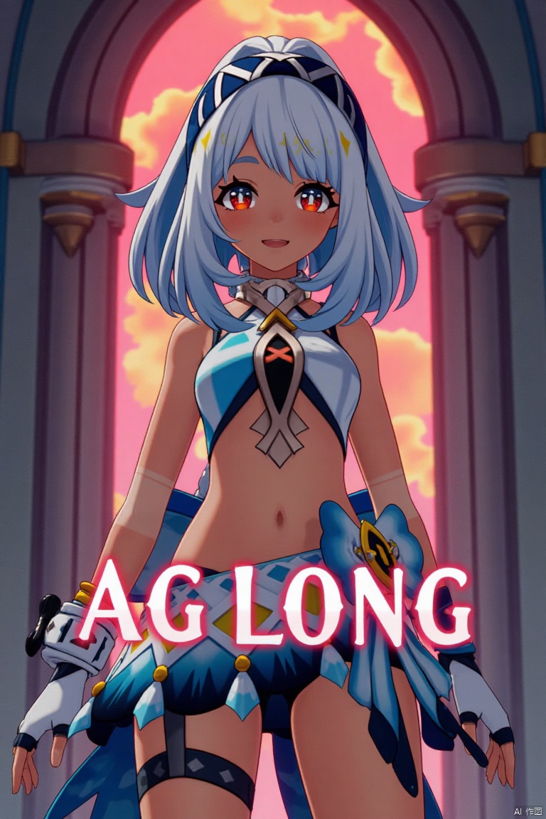 A dark-skinned female with long white hair in a ponytail stands solo, smiling with an open mouth. She wears a skirt and gloves, and her navel is visible. Her red eyes add to the expressive look. The cinematic lighting creates high contrast and sharp focus, enhancing the dramatic atmosphere. The composition is dynamic, with a detailed background fitting the poster theme. Three-dimensional text AGlong is prominently displayed in the middle below.