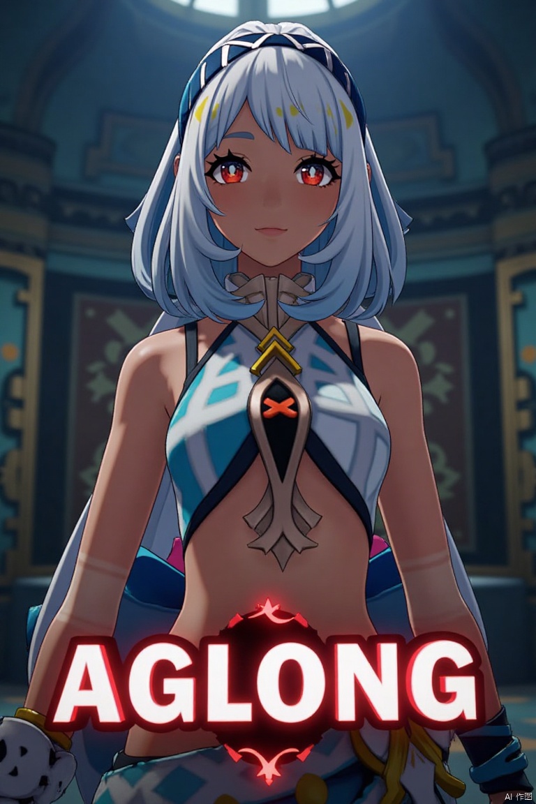 A dark-skinned female with long white hair and red eyes stands solo, looking directly at the viewer. She has bangs, visible breasts, and her midriff is exposed, showing her navel. The cinematic lighting creates high contrast and sharp focus, enhancing the dramatic atmosphere. The composition is dynamic, with a detailed background fitting the poster theme. Three-dimensional text AGlong is prominently displayed in the middle below.
