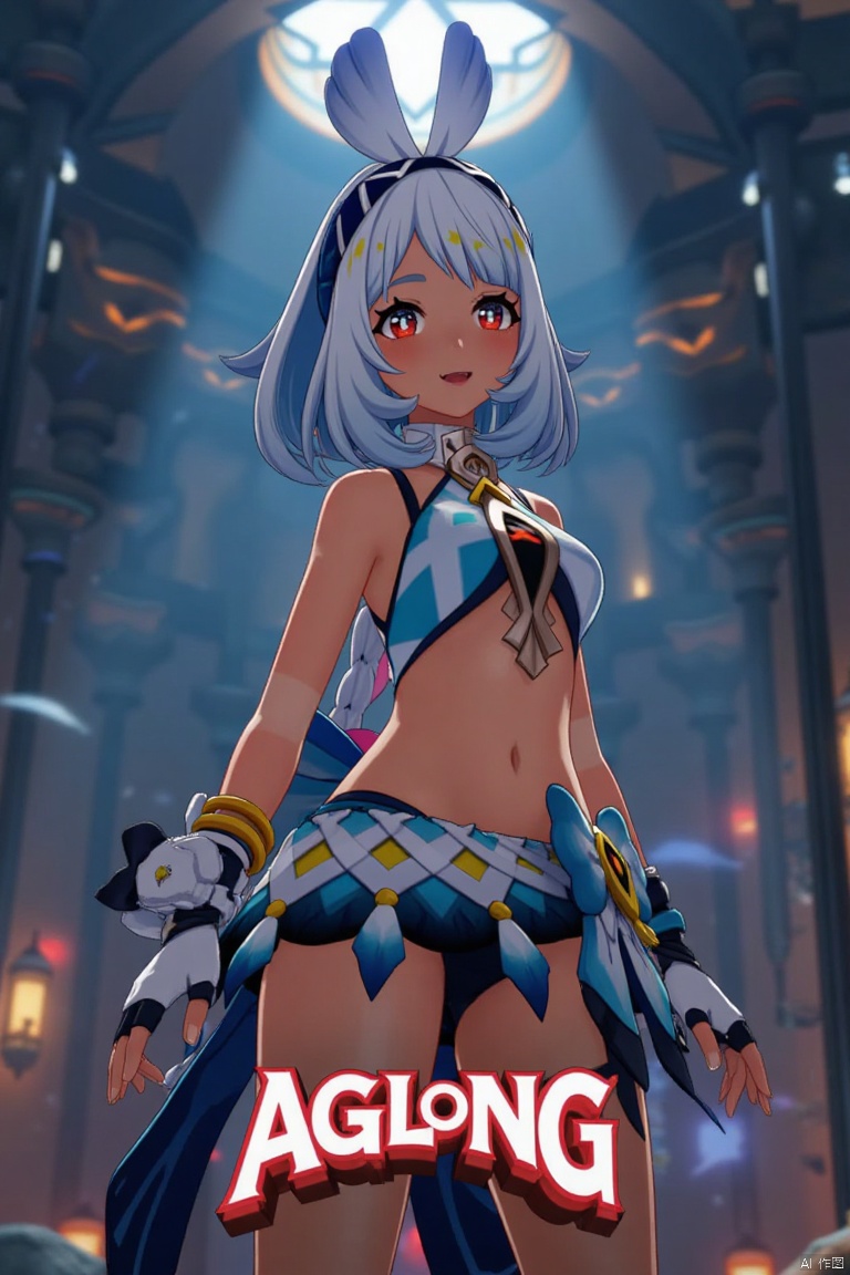 A dark-skinned female with long white hair in a ponytail stands solo, smiling with an open mouth. She wears a skirt and gloves, and her navel is visible. Her red eyes add to the expressive look. The cinematic lighting creates high contrast and sharp focus, enhancing the dramatic atmosphere. The composition is dynamic, with a detailed background fitting the poster theme. Three-dimensional text AGlong is prominently displayed in the middle below.