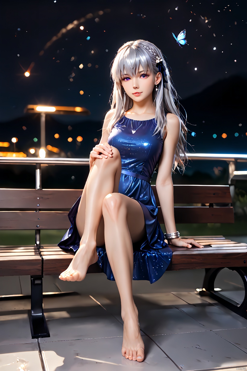 Castorice, sfw, bangs, long hair, hair ornament, solo, hair between eyes, dress, looking at viewer, purple eyes, butterfly, legs, leg up, leg up, leg up, leg up, leg up, ((sitiing)),((sitiing)),((sitiing)),((sitiing)),((sitiing)),((sitiing)),

egs over head,dusk \(arknights\),(hands on knee),sitting on bench, small bench,claw_pose,

square floor,reflection,starry,fate stay night,meteor,silver cuff bracelet,

depth of field, light particles, lens flare,(artist:quasarcake:0.8) ,extreme aesthetic,(wlop:0.6), wanke,rella,wanke,masterpiece,best quality,good quality,newest , very aesthetic,absurdres,Visual impact,Electromotive force, perspective composition, A shot with tension, ultra-high resolution,32K UHD,sharp focus,best quality,score_10_up,score_9_up,score_8_up,score_7_up,BLENDER STYLE,INCASESTYLEZ,