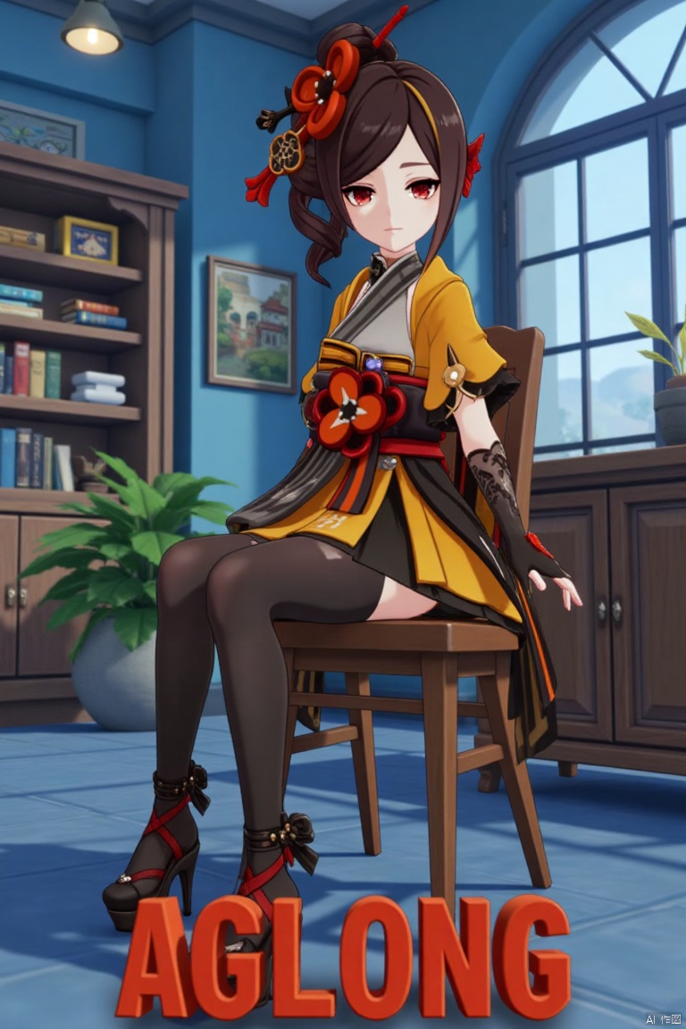A Genshin Impact female character with waist-length hair, red eyes, and red hair accessories. She wears a traditional and modern fusion outfit, including black tights, a red and gold sash, high-heeled platform shoes, and a yellow and white top. She is sitting on a wooden chair in an indoor office-like setting with blue walls and bookshelves in the background. The scene features cinematic lighting, high contrast, and sharp focus, with a dynamic composition. A detailed background includes a movie poster with three-dimensional text AGlong in the middle below, enhancing the dramatic atmosphere.