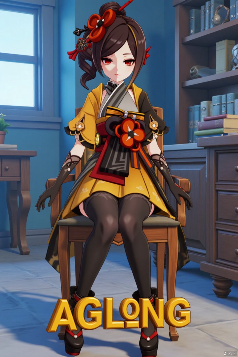 A Genshin Impact female character with waist-length hair, red eyes, and red hair accessories. She wears a traditional and modern fusion outfit, including black tights, a red and gold sash, high-heeled platform shoes, and a yellow and white top. She is sitting on a wooden chair in an indoor office-like setting with blue walls and bookshelves in the background. The scene features cinematic lighting, high contrast, and sharp focus, with a dynamic composition. A detailed background includes a movie poster with three-dimensional text AGlong in the middle below, enhancing the dramatic atmosphere.