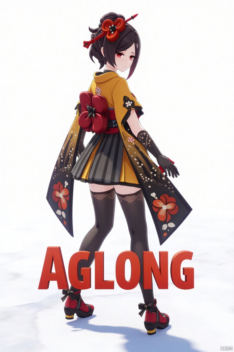 A solo girl with short black hair, red eyes, and a hair ornament, wearing a kimono and thigh-highs. She stands in a white background, looking back with a dramatic pose. She wears black pantyhose, elbow gloves, and holds her shoes. The scene features cinematic lighting, high contrast, and sharp focus, with a dynamic composition. A detailed background includes a movie poster with three-dimensional text AGlong in the middle below, enhancing the dramatic atmosphere.
