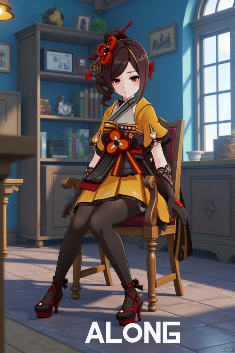 A Genshin Impact female character with waist-length hair, red eyes, and red hair accessories. She wears a traditional and modern fusion outfit, including black tights, a red and gold sash, high-heeled platform shoes, and a yellow and white top. She is sitting on a wooden chair in an indoor office-like setting with blue walls and bookshelves in the background. The scene features cinematic lighting, high contrast, and sharp focus, with a dynamic composition. A detailed background includes a movie poster with three-dimensional text AGlong in the middle below, enhancing the dramatic atmosphere.