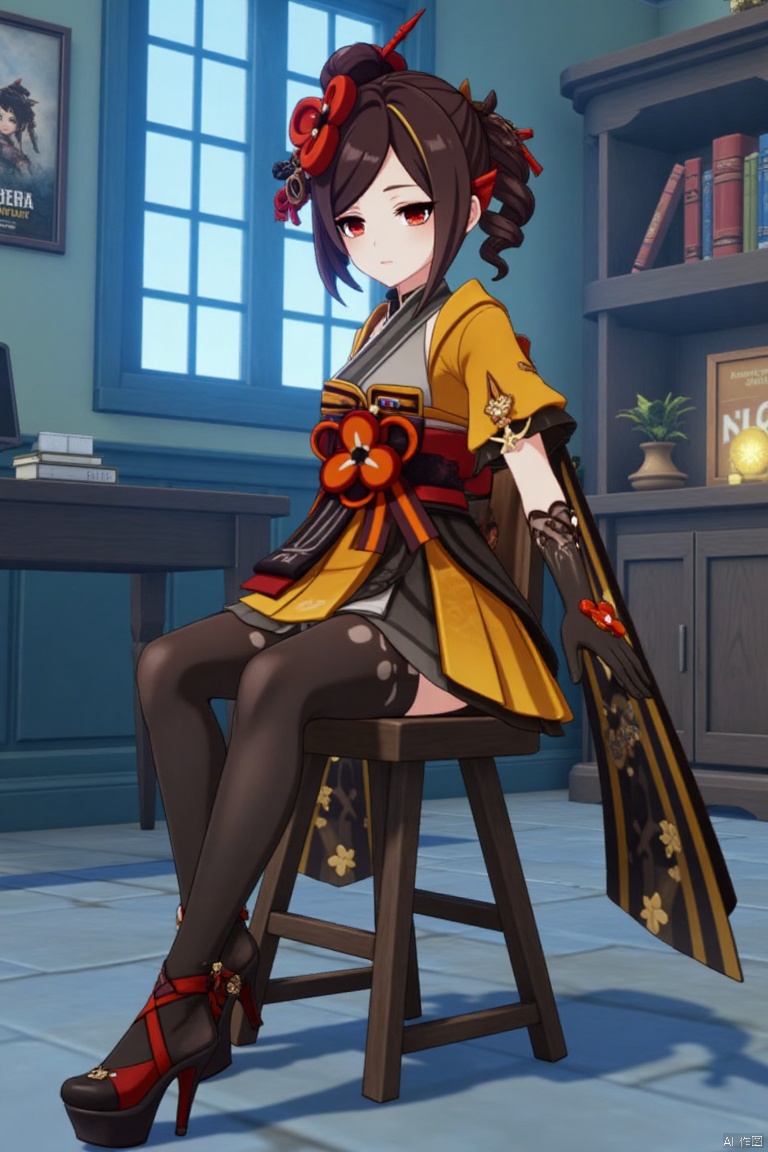 A Genshin Impact female character with waist-length hair, red eyes, and red hair accessories. She wears a traditional and modern fusion outfit, including black tights, a red and gold sash, high-heeled platform shoes, and a yellow and white top. She is sitting on a wooden chair in an indoor office-like setting with blue walls and bookshelves in the background. The scene features cinematic lighting, high contrast, and sharp focus, with a dynamic composition. A detailed background includes a movie poster with three-dimensional text AGlong in the middle below, enhancing the dramatic atmosphere.