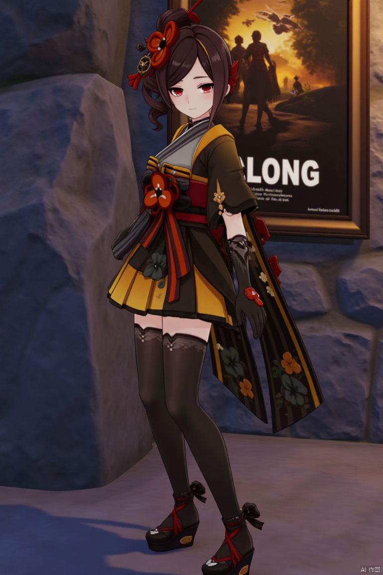 A solo girl in a kimono, looking directly at the viewer with red eyes and brown hair adorned with a flower. She stands with one hand on her hip, wearing thigh-highs and black gloves. The scene is set at night, with cinematic lighting casting high contrast shadows. A detailed background features a movie poster with three-dimensional text AGlong in the middle below. The composition is dynamic, emphasizing a dramatic atmosphere with sharp focus.