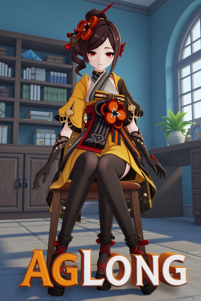 A Genshin Impact female character with waist-length hair, red eyes, and red hair accessories. She wears a traditional and modern fusion outfit, including black tights, a red and gold sash, high-heeled platform shoes, and a yellow and white top. She is sitting on a wooden chair in an indoor office-like setting with blue walls and bookshelves in the background. The scene features cinematic lighting, high contrast, and sharp focus, with a dynamic composition. A detailed background includes a movie poster with three-dimensional text AGlong in the middle below, enhancing the dramatic atmosphere.