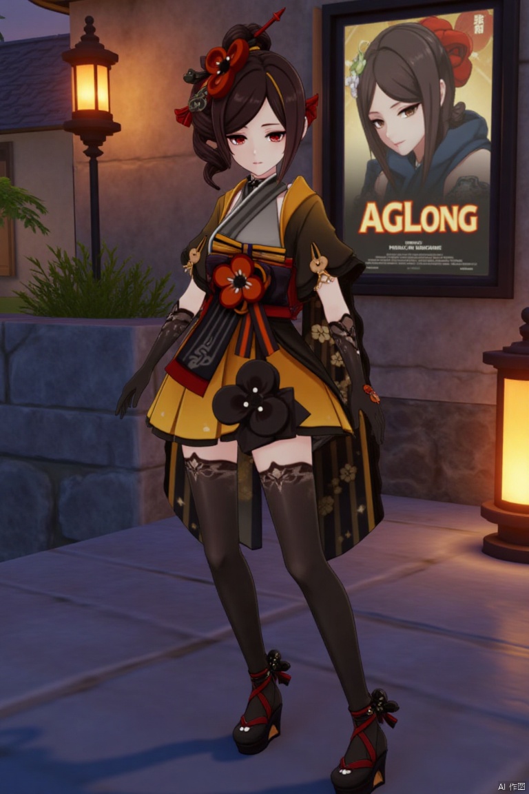 A solo girl in a kimono, looking directly at the viewer with red eyes and brown hair adorned with a flower. She stands with one hand on her hip, wearing thigh-highs and black gloves. The scene is set at night, with cinematic lighting casting high contrast shadows. A detailed background features a movie poster with three-dimensional text AGlong in the middle below. The composition is dynamic, emphasizing a dramatic atmosphere with sharp focus.