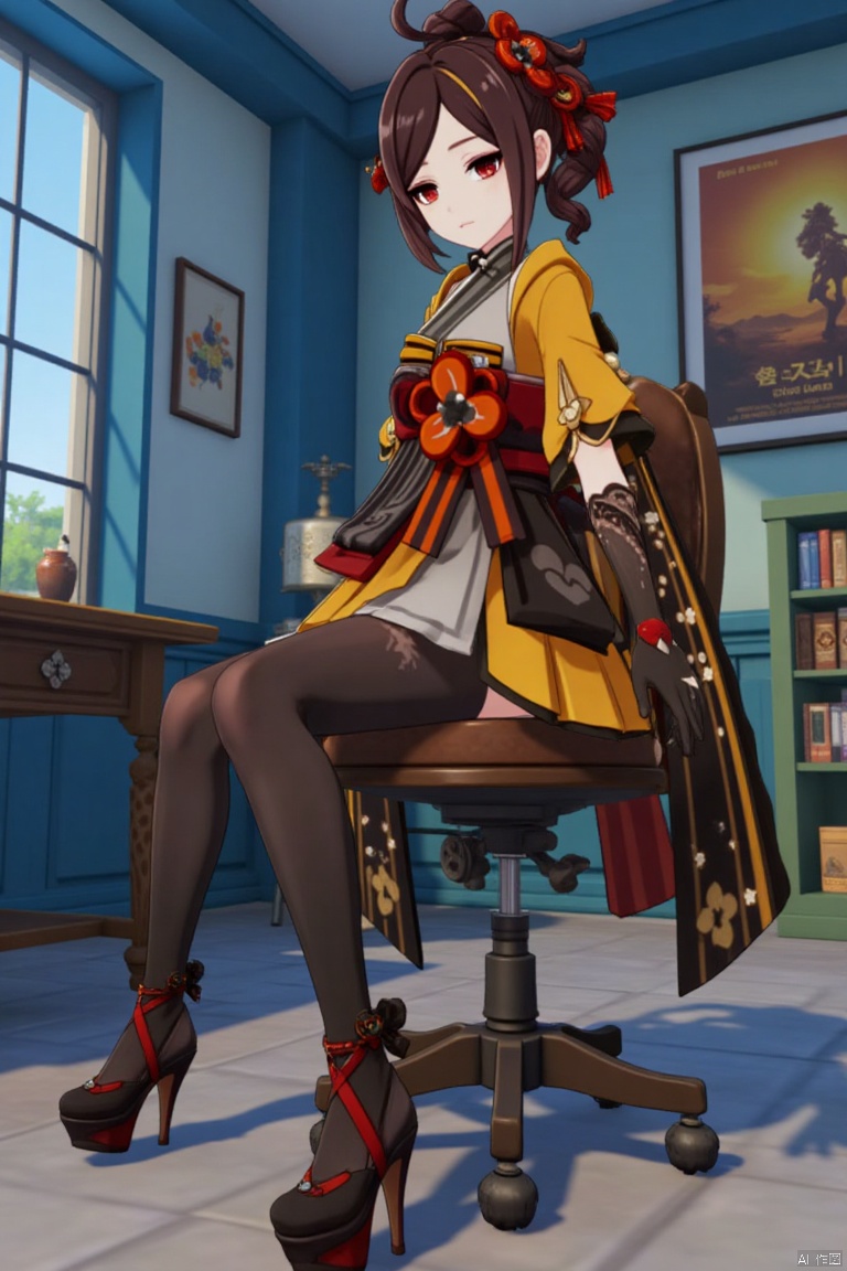 A Genshin Impact female character with waist-length hair, red eyes, and red hair accessories. She wears a traditional and modern fusion outfit, including black tights, a red and gold sash, high-heeled platform shoes, and a yellow and white top. She is sitting on a wooden chair in an indoor office-like setting with blue walls and bookshelves in the background. The scene features cinematic lighting, high contrast, and sharp focus, with a dynamic composition. A detailed background includes a movie poster with three-dimensional text AGlong in the middle below, enhancing the dramatic atmosphere.