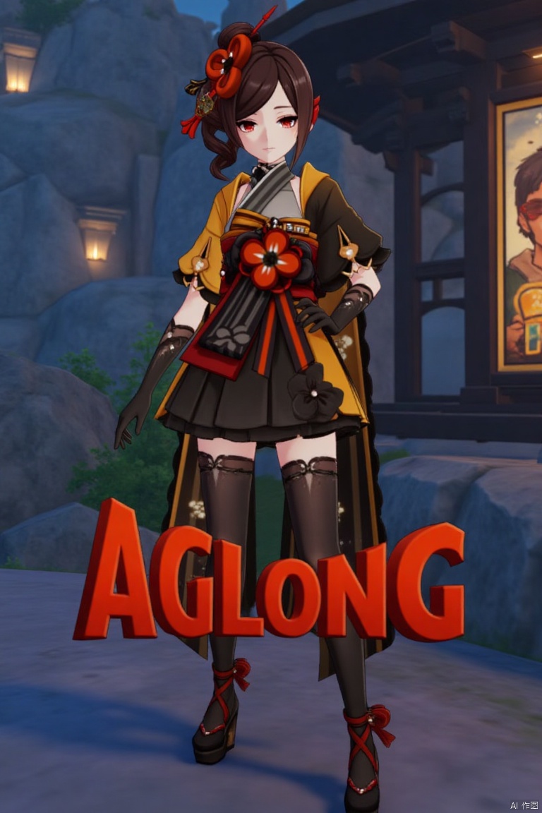 A solo girl in a kimono, looking at the viewer with red eyes and brown hair featuring a flower ornament. She stands with one hand on her hip, wearing thigh-highs and black gloves. The scene is set at night, with cinematic lighting creating high contrast and sharp focus. The background is detailed, featuring a movie poster with three-dimensional text AGlong in the middle below. The composition is dynamic, emphasizing a dramatic atmosphere.
