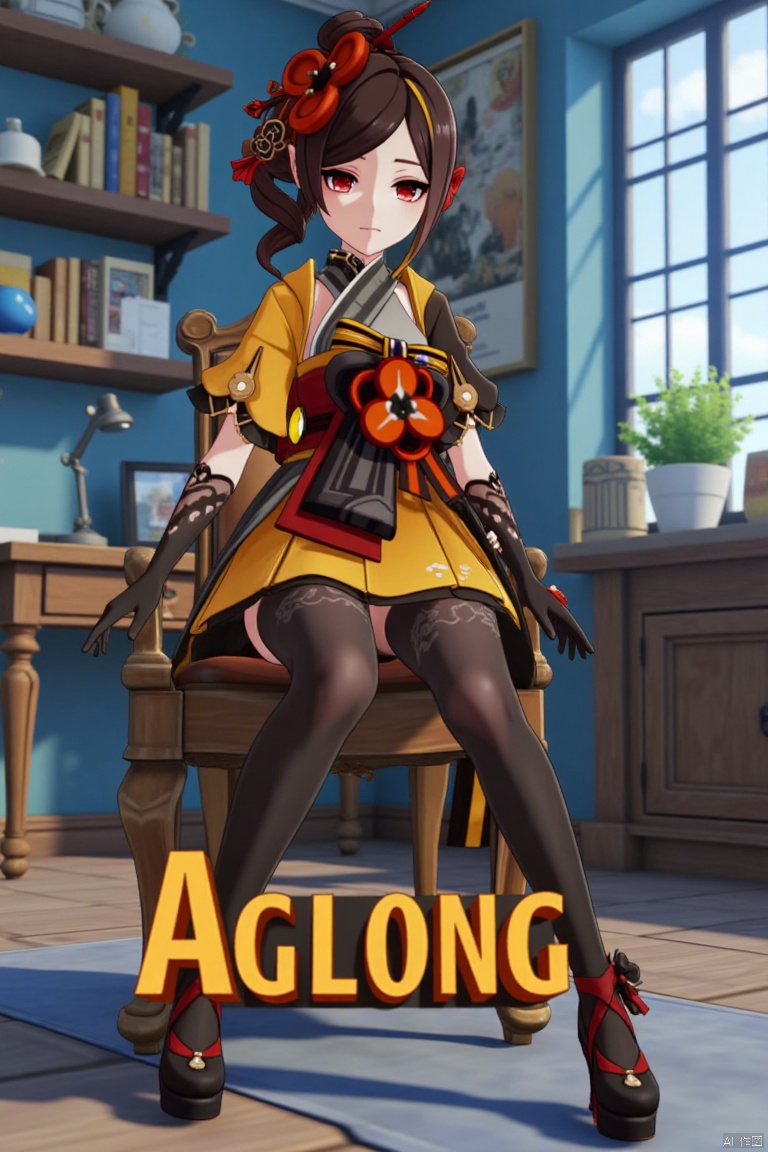 A Genshin Impact female character with waist-length hair, red eyes, and red hair accessories. She wears a traditional and modern fusion outfit, including black tights, a red and gold sash, high-heeled platform shoes, and a yellow and white top. She is sitting on a wooden chair in an indoor office-like setting with blue walls and bookshelves in the background. The scene features cinematic lighting, high contrast, and sharp focus, with a dynamic composition. A detailed background includes a movie poster with three-dimensional text AGlong in the middle below, enhancing the dramatic atmosphere.