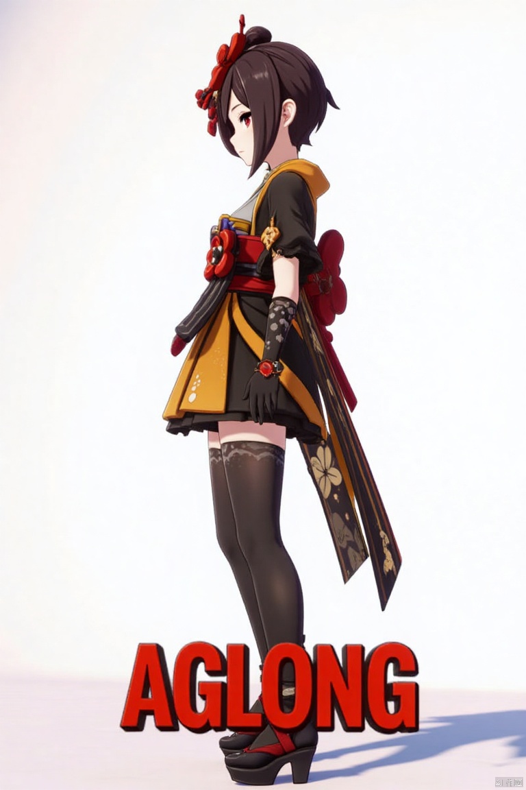 A solo girl with short black hair, red eyes, and a hair ornament, wearing a kimono and thigh-highs. She stands in a white background, looking back with a dramatic pose. She wears black pantyhose, elbow gloves, and holds her shoes. The scene features cinematic lighting, high contrast, and sharp focus, with a dynamic composition. A detailed background includes a movie poster with three-dimensional text AGlong in the middle below, enhancing the dramatic atmosphere.